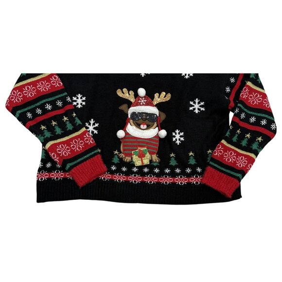 Blizzard Bay XL Christmas Sweater Pug Antlers Pom Poms Design Black Red Green - Picture 4 of 8